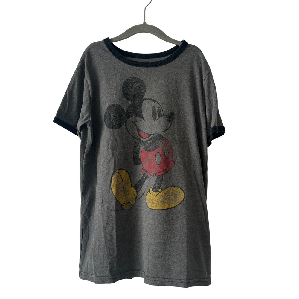 Disney Store Mickey Mouse Ringer Tee Gray Black Distressed Graphic M 7/8